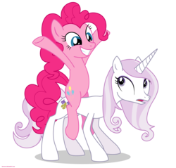 Size: 2200x2100 | Tagged: safe, artist:larsurus, part of a set, fleur-de-lis, pinkie pie, earth pony, pony, unicorn, g4, confused, duo, duo female, female, grin, high res, mare, part of a series, physique difference, pinkie pie riding fleur-de-lis, ponies riding ponies, riding, simple background, slender, smiling, thin, transparent background, vector