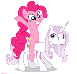 Size: 2200x2100 | Tagged: safe, artist:larsurus, part of a set, fleur-de-lis, pinkie pie, earth pony, pony, unicorn, g4, confused, duo, duo female, female, grin, high res, mare, part of a series, physique difference, ponies riding ponies, riding, simple background, slender, smiling, thin, transparent background, vector