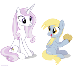 Size: 3500x3148 | Tagged: safe, artist:larsurus, part of a set, derpy hooves, fleur-de-lis, pegasus, pony, unicorn, g4, derp, duo, duo female, female, height difference, high res, mare, muffin, part of a series, physique difference, scrunchy face, simple background, sitting, slender, thin, transparent background, vector