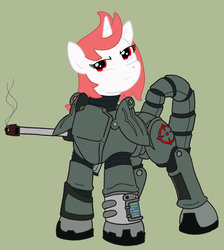Size: 1024x1141 | Tagged: safe, artist:irkengeneral, oc, oc only, oc:appletart longshot, pony, unicorn, fallout equestria, armor, female, mare, simple background, solo, weapon