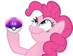 Size: 990x759 | Tagged: source needed, safe, pinkie pie, earth pony, pony, g4, female, look what pinkie found, mare, master ball, meme, pokémon, simple background, smiling, solo, transparent background