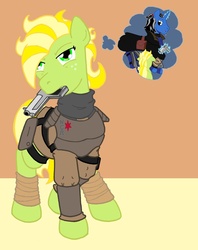 Size: 900x1134 | Tagged: safe, artist:irkengeneral, oc, oc only, earth pony, pony, unicorn, fallout equestria, armor, female, handgun, male, mare, mouth hold, simple background, solo focus, stallion, thought bubble, weapon
