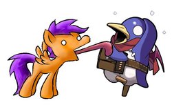 Size: 660x400 | Tagged: artist needed, safe, scootaloo, pegasus, pony, g4, disgaea, duo, female, filly, hero prinny, licking, long tongue, open mouth, prinny, simple background, spread wings, sweat, sweatdrops, tongue out, white background, white eyes