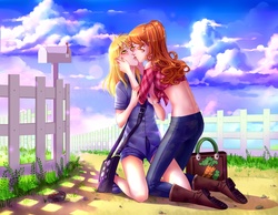 Size: 3600x2800 | Tagged: safe, artist:alexielart, carrot top, derpy hooves, golden harvest, human, g4, duo, female, fence, high res, humanized, kissing, kneeling, lesbian, mailbox, midriff, ship:derpytop, shipping, shoulder bag
