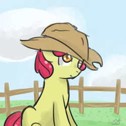 Size: 900x900 | Tagged: safe, artist:speccysy, apple bloom, earth pony, pony, g4, colored pupils, female, fence, filly, hat, sitting, solo