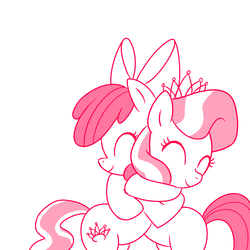 Size: 1000x1000 | Tagged: safe, artist:madmax, apple bloom, diamond tiara, earth pony, pony, g4, adorabloom, cute, diamondbetes, duo, duo female, eyes closed, female, filly, foal, heartwarming in hindsight, hug, monochrome, simple background, tiaralove, white background