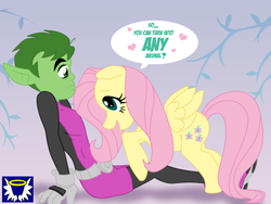 Size: 900x675 | Tagged: safe, artist:blueserenity, fluttershy, pegasus, pony, g4, beast boy, bodysuit, clothes, crossover, crossover shipping, duo, female, floppy ears, heart, male, mare, shipping, straight, teen titans