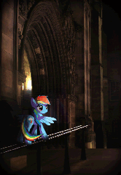 Size: 567x816 | Tagged: safe, artist:twodeepony, rainbow dash, pegasus, pony, g4, animated, cathedral, cinemagraph, female, flickering lights, gif, irl, mare, photo, ponies in real life, railing, solo