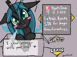 Size: 800x600 | Tagged: safe, artist:moronsonofboron, queen chrysalis, changeling, changeling queen, nymph, g4, animated, blushing, changeling in a box, cute, cutealis, fan game, female, game, gif, looking at you, smiling, solo