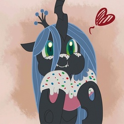 Size: 700x700 | Tagged: safe, artist:ecmajor, queen chrysalis, changeling, changeling queen, g4, crown, cute, cutealis, eating, female, frosting, gradient background, heart, hoof hold, jewelry, looking at you, puffy cheeks, regalia, smiling, solo