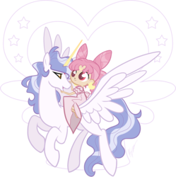 Size: 1130x1133 | Tagged: safe, artist:egophiliac, alicorn, pegasus, pony, g4, chibiusa, crossover, duo, female, g4 style, helios, humans riding ponies, looking at each other, mare, riding, rini tsukino, sailor chibi moon, sailor moon (series), simple background, transparent background