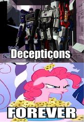 Size: 601x876 | Tagged: safe, edit, edited screencap, screencap, pinkie pie, earth pony, pony, g4, green isn't your color, decepticon, female, floppy ears, forever, mare, megatron, pinkie forever, soundwave, starscream, transformers