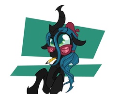 Size: 771x597 | Tagged: safe, artist:nikkuwalkanov, queen chrysalis, changeling, changeling queen, g4, abstract background, adorkable, cute, cutealis, dork, dorkalis, female, glasses, looking up, meganekko, mouth hold, pencil, solo
