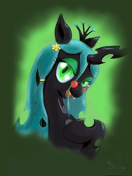 Size: 768x1024 | Tagged: safe, artist:a8702131, queen chrysalis, changeling, changeling queen, g4, female, flower, flower in hair, glasses, gradient background, hippie, looking at you, raised hoof, solo