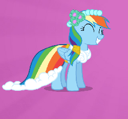 Size: 645x600 | Tagged: safe, artist:rainbowxrarity1, part of a set, rainbow dash, pegasus, pony, g4, official, animated, bridesmaid dress, clothes, cute, dancing, dashabetes, dress, eyes closed, female, gif, hair tie, happy, mare, simple background, solo