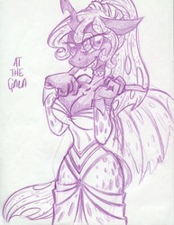 Size: 850x1100 | Tagged: source needed, safe, artist:trollie trollenberg, queen chrysalis, anthro, g4, breasts, busty queen chrysalis, clothes, dress, female, monochrome, solo, traditional art