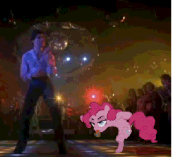 Size: 350x320 | Tagged: safe, pinkie pie, earth pony, human, pony, g4, animated, artifact, crossover, dancing, female, gif, human male, irl, john travolta, male, mare, saturday night fever, tongue out
