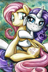 Size: 900x1342 | Tagged: safe, artist:buttercupsaiyan, fluttershy, rarity, g4, hug, ship:flarity, shipping