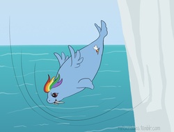 Size: 928x706 | Tagged: safe, artist:ratscribbles, rainbow dash, walrus, g4, diving, female, ice, solo, species swap, water, wings