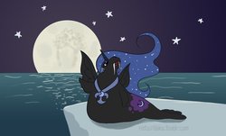 Size: 1024x619 | Tagged: safe, artist:ratscribbles, nightmare moon, walrus, g4, female, horn, ice, moon, night, open mouth, solo, species swap, stars, water, wings