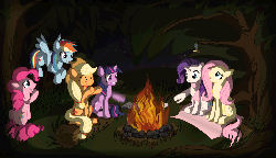 Size: 1100x637 | Tagged: safe, artist:twodeepony, applejack, fluttershy, pinkie pie, rainbow dash, rarity, twilight sparkle, earth pony, firefly (insect), pegasus, pony, unicorn, g4, animated, book, burning, campfire, camping, clothes, female, food, forest, gif, mane six, mare, marshmallow, mouth hold, night, scarf, sitting, smiling