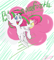 Size: 379x421 | Tagged: safe, artist:silbersternenlicht, blossomforth, pegasus, pony, g4, cutie mark background, female, mare, open mouth, running, smiling, solo