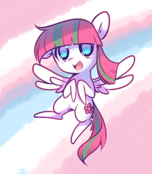 Size: 540x616 | Tagged: safe, artist:pekou, blossomforth, pegasus, pony, g4, female, flying, mare, open mouth, smiling, solo, spread wings, wings