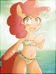 Size: 1200x1600 | Tagged: safe, artist:imalou, pinkie pie, earth pony, semi-anthro, g4, adorasexy, attached skirt, bandeau, belly button, bikini, bipedal, blue swimsuit, blushing, clothes, colored pupils, crepuscular rays, curvy, cute, delicious flat chest, diapinkes, female, frilled swimsuit, frilly, happy, lace, looking at you, mare, midriff, ocean, open mouth, sexy, smiling, solo, stupid sexy pinkie, sunset, swimsuit