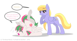 Size: 800x430 | Tagged: safe, artist:inuhoshi-to-darkpen, blossomforth, cloud kicker, pegasus, pony, fanfic:the life and times of a winning pony, winningverse, g4, backbend, contortionist, duo, duo female, eyes closed, eyes on the prize, fanfic, fanfic art, female, flexible, mare, open mouth, raised eyebrow, simple background, smiling, smirk, speech bubble, stuck, sweat, transparent background, underhoof