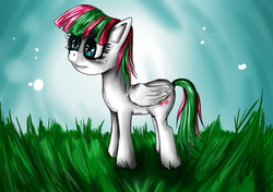 Size: 850x600 | Tagged: safe, artist:alvh-omega, blossomforth, pegasus, pony, g4, female, grass, mare, solo