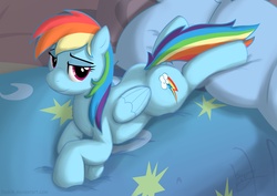 Size: 1436x1019 | Tagged: safe, artist:skipsy, rainbow dash, pegasus, pony, g4, bed, bedroom eyes, female, lying down, mare, pillow, plump, prone, solo