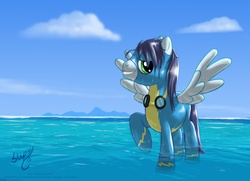 Size: 4095x2970 | Tagged: safe, artist:skipsy, soarin', pegasus, pony, g4, beach, clothes, goggles, male, ocean, raised hoof, solo, spread wings, stallion, uniform, water, wet mane, wings, wonderbolts uniform