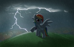 Size: 3172x2000 | Tagged: safe, artist:skipsy, rainbow dash, pegasus, pony, g4, backlighting, female, high res, lightning, mare, rain, rearing, solo, spread wings, storm, wet mane, wings