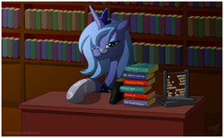 Size: 3821x2350 | Tagged: safe, artist:skipsy, princess luna, alicorn, pony, g4, abacus, book, book title humor, bookshelf, clothes, desk, female, glasses, high res, horn, jewelry, library, looking at you, mare, reading glasses, regalia, s1 luna, socks, solo, table, three quarter view, tiara