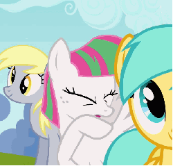 Size: 673x644 | Tagged: safe, screencap, blossomforth, derpy hooves, sunshower raindrops, pegasus, pony, g4, hurricane fluttershy, animated, coughing, female, gif, mare, trio