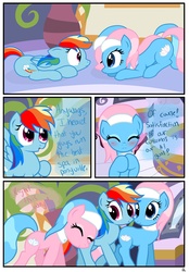 Size: 1741x2500 | Tagged: safe, artist:pyruvate, aloe, lotus blossom, rainbow dash, earth pony, pegasus, pony, comic:the usual, g4, :3, :o, blushing, comic, cute, eyes closed, female, floppy ears, mare, open mouth, ponyville spa, prone, pushing, smiling, spa, spread wings, wide eyes