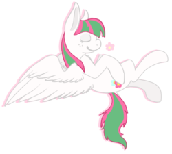 Size: 500x450 | Tagged: safe, artist:bajingzang, blossomforth, pegasus, pony, g4, cute, eyes closed, female, flower, flying, freckles, mare, on back, simple background, smiling, solo, transparent background