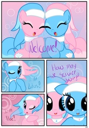 Size: 1741x2500 | Tagged: safe, artist:pyruvate, aloe, lotus blossom, earth pony, pony, comic:the usual, g4, comic, cute, duo, duo female, eyes closed, female, mare, open mouth, spa twins, spaww twins