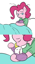 Size: 1193x2159 | Tagged: dead source, safe, artist:willdrawforfood1, pinkie pie, surprise, earth pony, pegasus, pony, g1, g4, baby, baby pony, bed, clothes, cradling, duo, duo female, female, foal, g1 to g4, generation leap, kissing, mare, mother, mother and daughter, newborn, offspring, parent:pinkie pie, shirt, tumblr