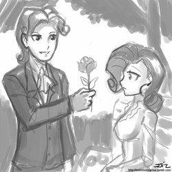 Size: 850x850 | Tagged: safe, artist:johnjoseco, rarity, human, g4, bench, duo, elusive, female, flower, grayscale, humanized, male, monochrome, rose, rule 63, self ponidox, selfcest, ship:rarilusive, shipping, straight