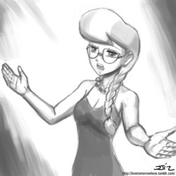 Size: 850x850 | Tagged: safe, artist:johnjoseco, silver spoon, human, g4, adult, clothes, dress, female, glasses, grayscale, humanized, monochrome, open mouth, solo, spread arms