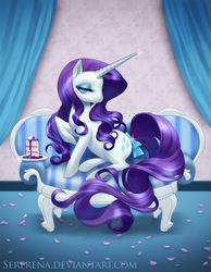 Size: 768x990 | Tagged: safe, artist:sererena, rarity, pony, unicorn, g4, bow, cake, couch, female, horn, long horn, mare, raised hoof, sitting, solo, tail bow