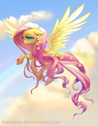 Size: 768x990 | Tagged: safe, artist:sererena, fluttershy, ladybug, pegasus, pony, g4, colored pupils, cute, female, floppy ears, flower, flower in hair, flower in tail, flying, mare, sky, solo, spread wings, wings