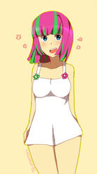 Size: 277x500 | Tagged: safe, artist:tsumamori, blossomforth, human, g4, clothes, dress, female, humanized, open mouth, short hair, simple background, solo