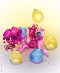 Size: 900x1091 | Tagged: safe, artist:sererena, pinkie pie, earth pony, pony, g4, balloon, confetti, female, looking up, mare, prone, solo, that pony sure does love balloons