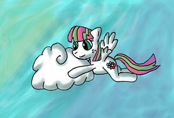 Size: 2236x1509 | Tagged: safe, artist:quackedsquare, blossomforth, pegasus, pony, g4, cloud, female, flying, mare, sky, solo