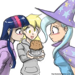 Size: 1059x1059 | Tagged: safe, artist:johnjoseco, derpy hooves, trixie, twilight sparkle, human, g4, blushing, clothes, eyes on the prize, female, food, hoodie, humanized, muffin, trio