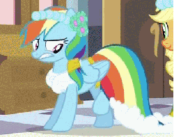 Size: 414x327 | Tagged: safe, screencap, applejack, rainbow dash, earth pony, pegasus, pony, a canterlot wedding, g4, season 2, animated, annoyed, bridesmaid dress, clothes, dress, duo, duo female, female, flower, gif, gown, looking back, looking down, mare, rainbow dash always dresses in style, solo focus