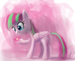 Size: 834x680 | Tagged: safe, artist:grissaecrim, blossomforth, pegasus, pony, g4, abstract background, confused, female, flower, mare, solo