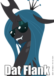 Size: 893x1263 | Tagged: safe, artist:tarajenkins, queen chrysalis, changeling, changeling queen, cupidite, g4, bust, caption, dat ass, female, image macro, meme, simple background, solo, sunglasses, text, transparent background